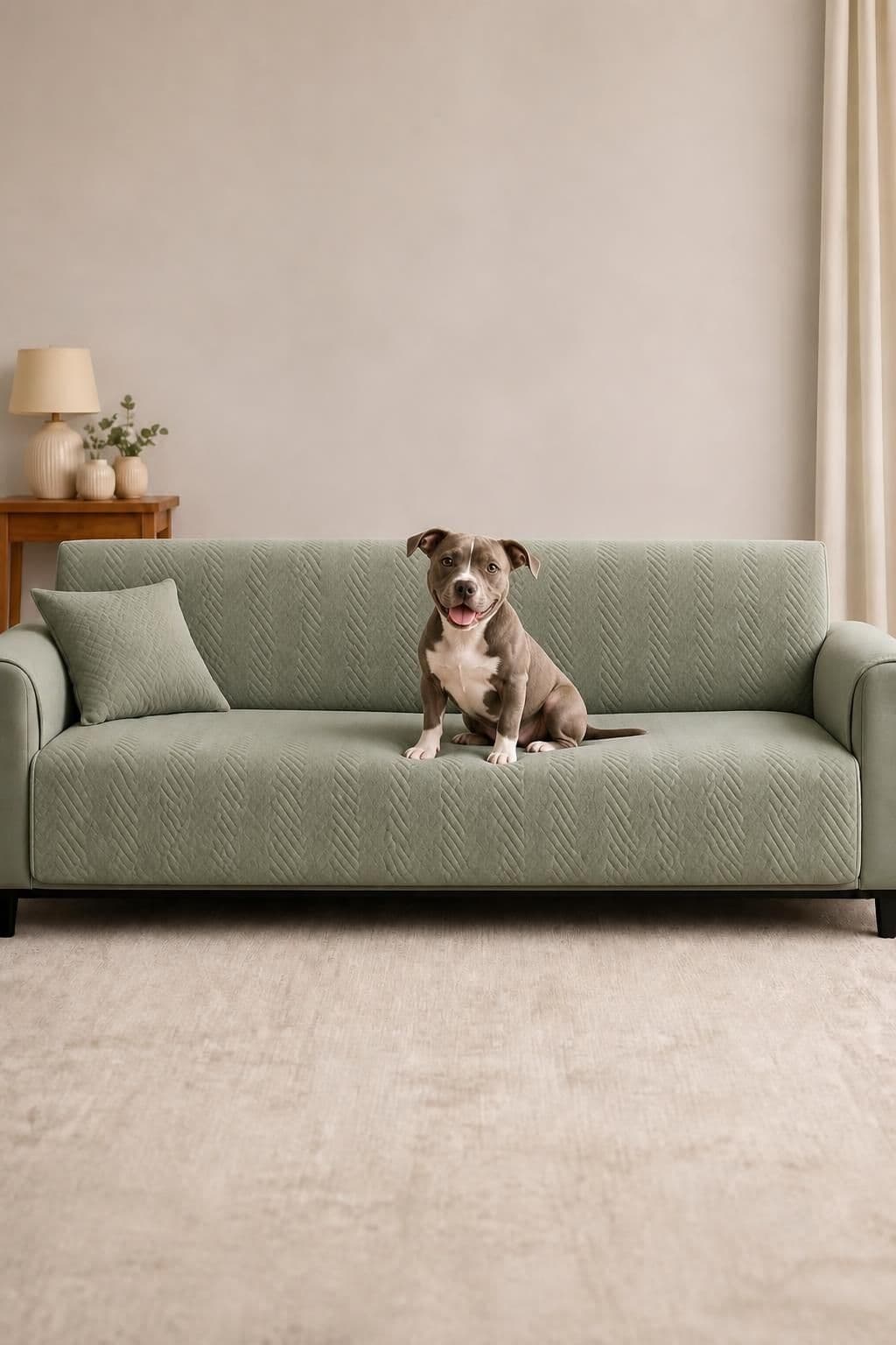 A dog sitting on a sage-green sofa dressed in a textured cover