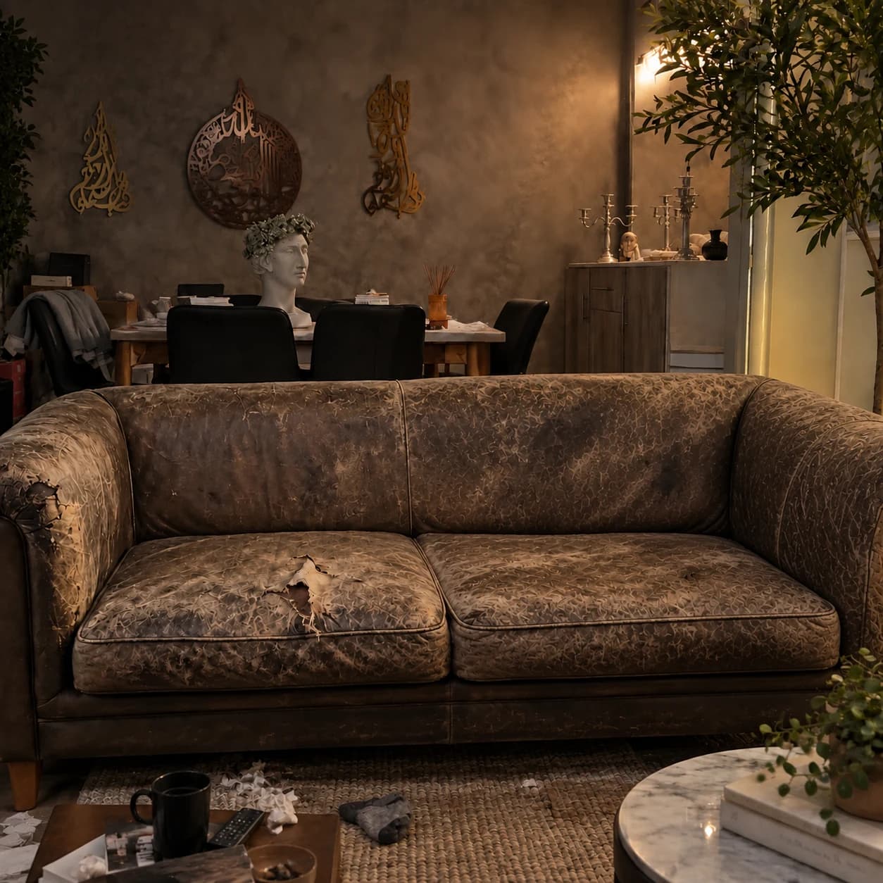 A worn, torn leather sofa